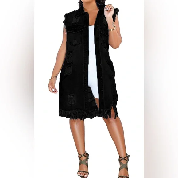 BRAND NEW WOMENS BLACK LONGLINE DISTRESSED DENIM VEST NWT - Picture 3 of 4